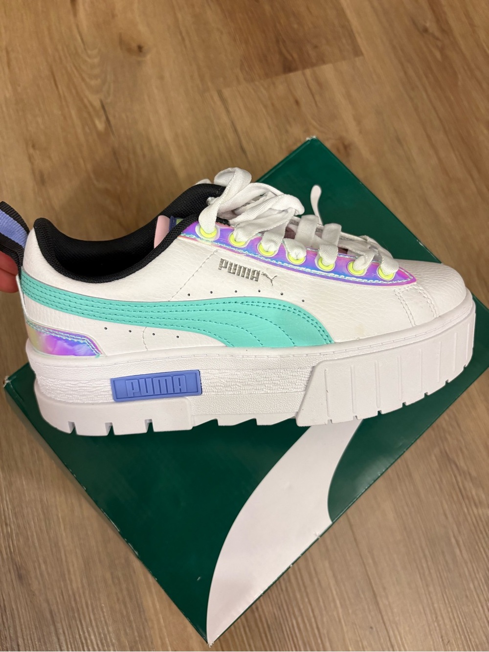 Puma White Sneakers with Mint Stripe and Iridescent Trim